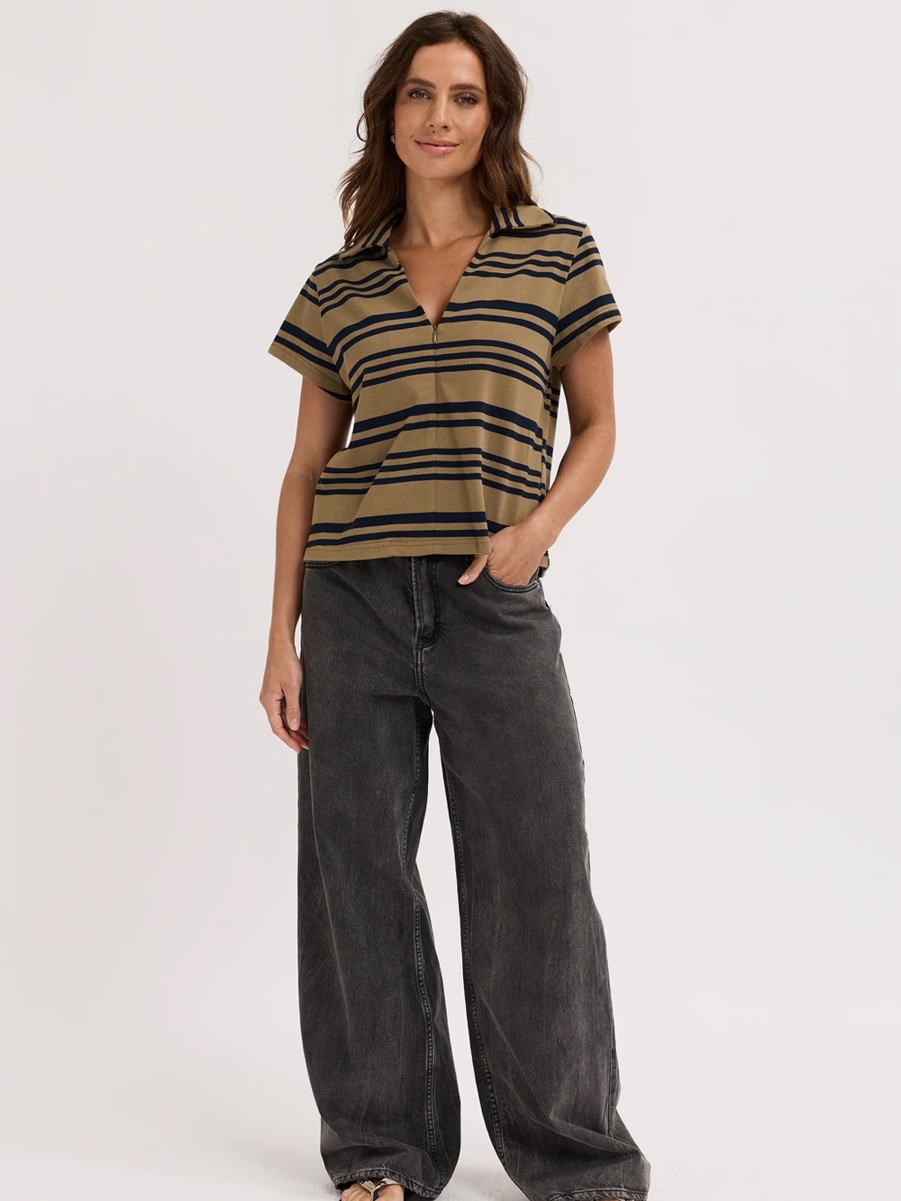 Apero Alba Stripe Zip Front Tee - Khaki / Navy Plus Size 3X
